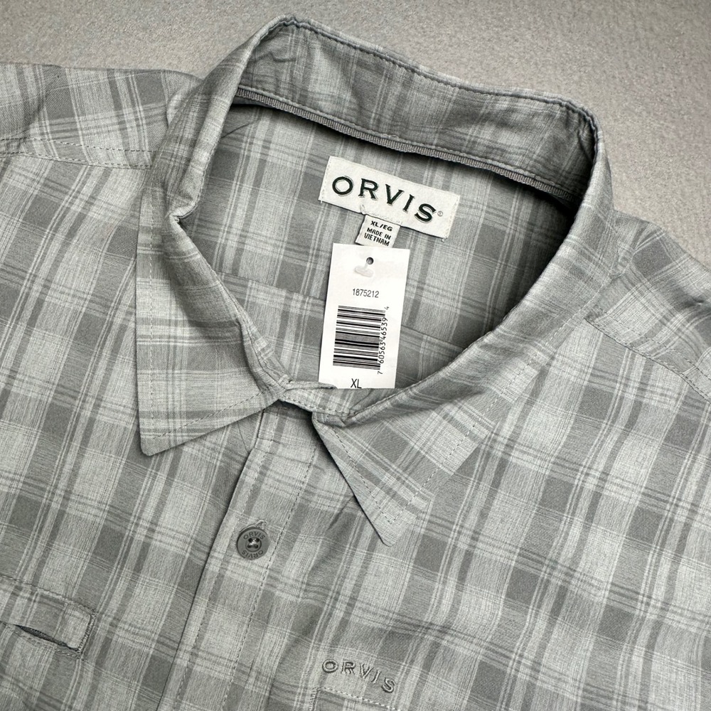 Orvis Button Down Shirt Mens XL Grey Plaid Short Sleeve Ventilated Hiking Pocket